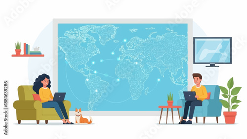 People working on laptops with a world map displaying global connections