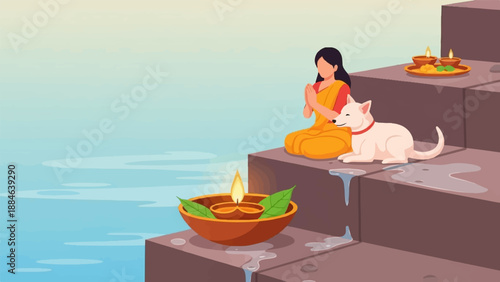 Woman in prayer with dog near water and diyas on steps