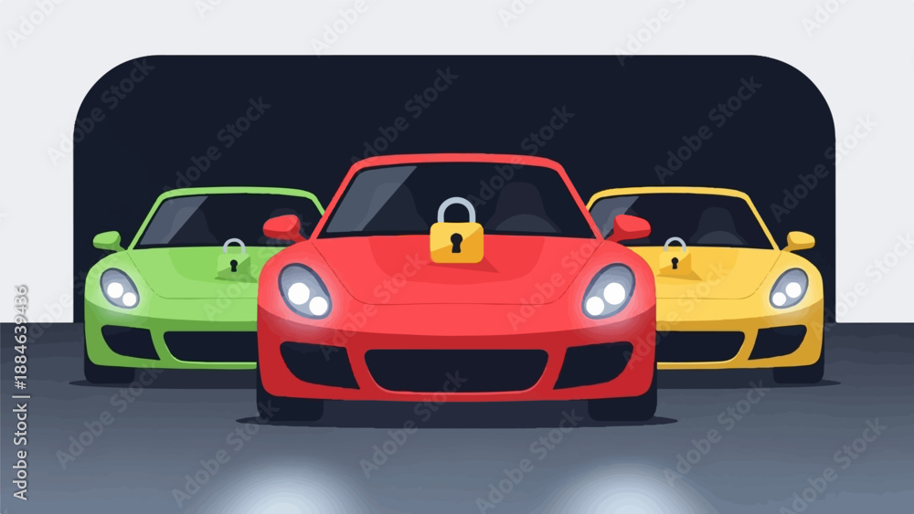 Naklejka premium Three locked sports cars in a garage, red, green, and yellow