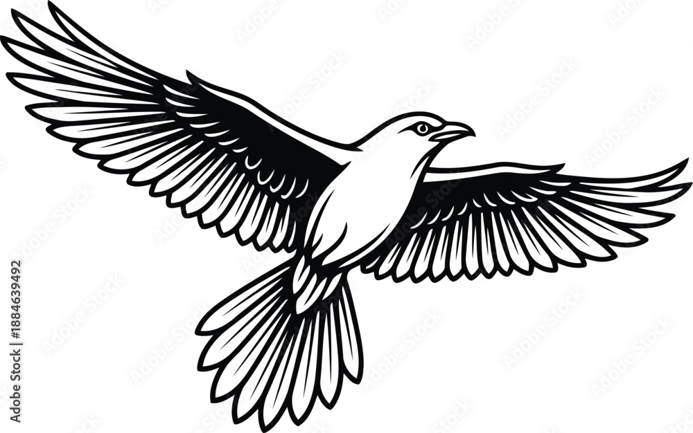 Obraz premium A stylized black and white illustration depicting a magpie soaring with its wings fully extended