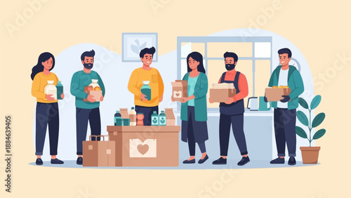 Volunteers organize donations in a bright, cheerful room