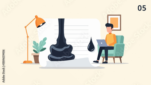 Person working on laptop near large ink bottle on lined paper