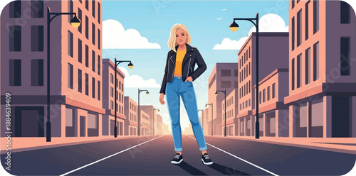Young woman in leather jacket and jeans stands confidently on a city street at sunset