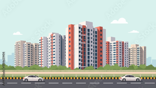 Pixelated cityscape with apartment buildings, trees, and cars on a road