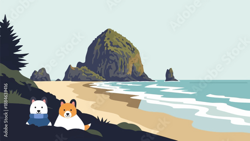 Two cartoon dogs sit on a grassy beach in front of a large, rocky island