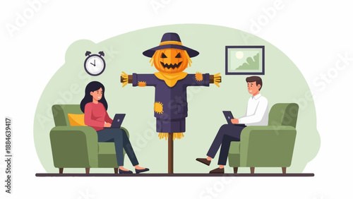 Two people in armchairs work on laptops near a Halloween scarecrow