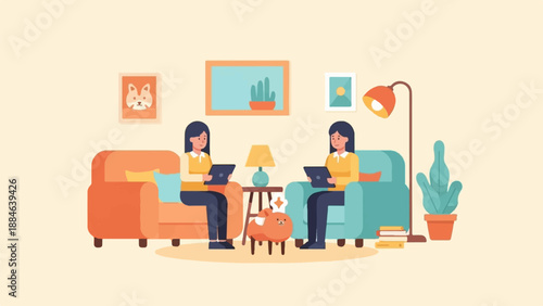 Two women using tablets while sitting on sofas with a small dog