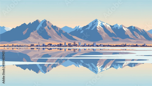 Stylized mountain range and city skyline reflected in calm water