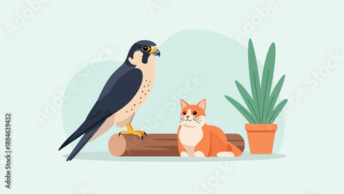 Stylized illustration of a falcon and cat sitting together near a potted plant