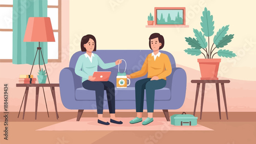 Two people on a sofa, one with laptop, sharing a jar with a leaf symbol