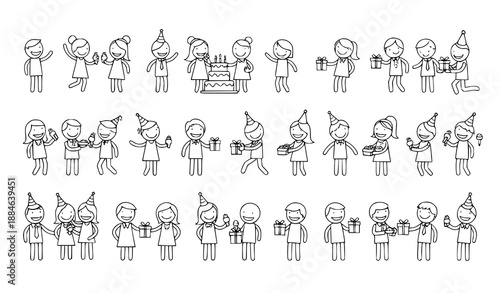 Happy birthday party celebration stick figure pictogram icons set