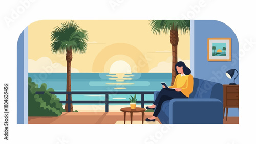 Person relaxing indoors on a couch with a tablet, overlooking a coastal sunset