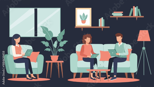 Three people working on laptops in a modern living room