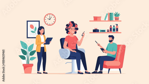 Three people interacting in a salon, one with rollers, others with tablets