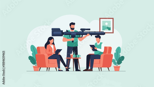 Three individuals in a room, one holding a large weapon, the others observing