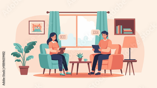 Two people sit in armchairs, converse, and use digital tablets in a cozy room