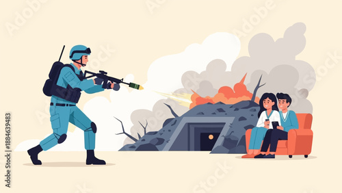 Soldier in combat firing at bunker while civilians watch from couch