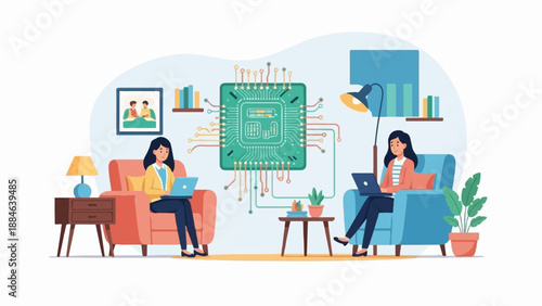 Two women work on laptops connected to a large central computer chip