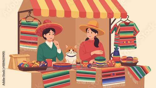 Vibrant market stall features two smiling vendors and a cat amidst colorful textiles and goods