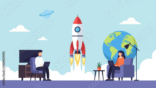 Rocket launch with people working remotely near globe and planet