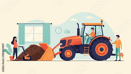 People working with a tractor and soil in a stylized illustration