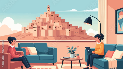 Two women relax indoors with a view of a desert village on a hill