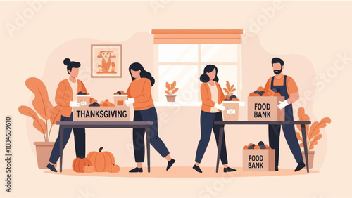 Volunteers sort food donations for a Thanksgiving food bank, with pumpkins