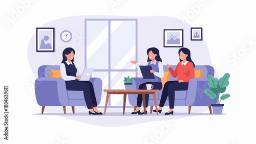 Three women conversing in a modern living room with a laptop, papers, and plant