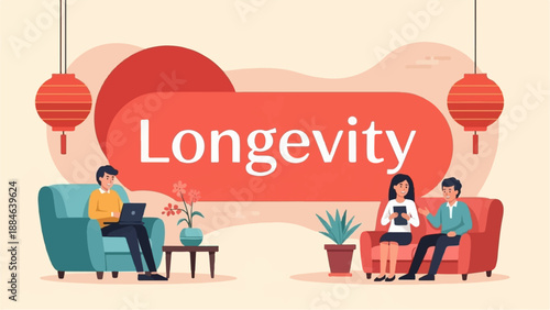 People interacting indoors, with "Longevity" text and red lanterns