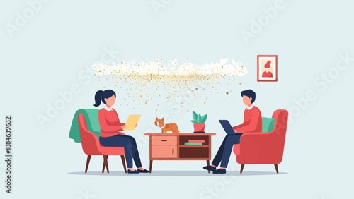 Two people in armchairs, a cat, and a plant in a cozy room