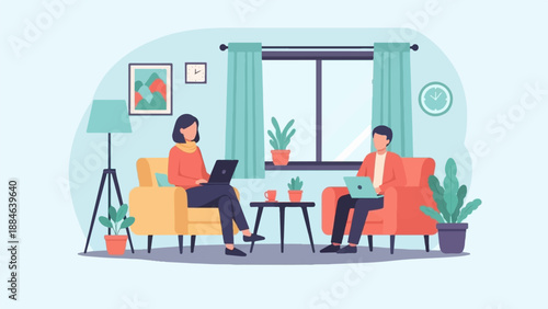 Two people working on laptops in a cozy living room setting (3)