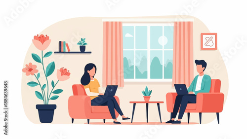 People working remotely at home in a comfortable, bright living room