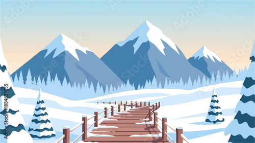 Snow-covered wooden bridge leads to majestic snowy mountain peaks