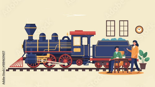 Vintage steam train and people conversing near a table in a room