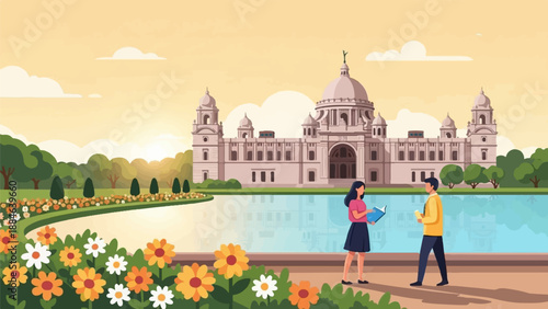 Two people near a grand building with a reflective pool and flowers