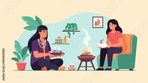 Two people interacting with nature-themed objects and writing