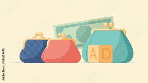 Three coin purses, one with money and "AD" blocks, on plain background