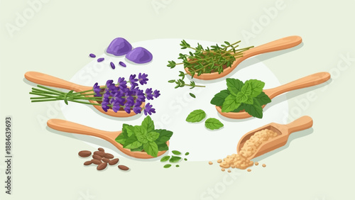 Wooden spoons filled with herbs, lavender, and granular ingredients