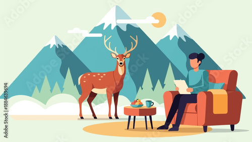 Person relaxing indoors with mountains and deer visible outside