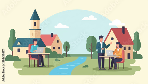 Two groups of people work outdoors with laptops near houses and a river