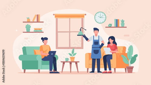 People in a living room with a cleaner holding a lamp