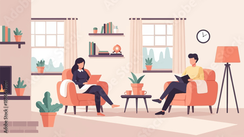 Two people relaxing indoors, one with laptop, other reading