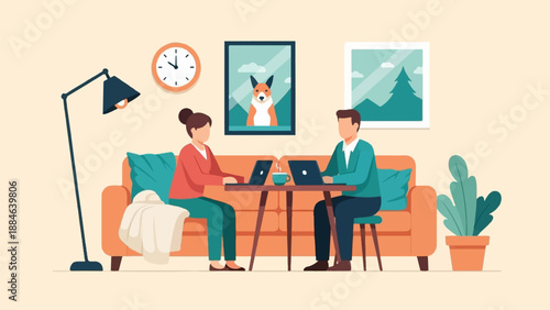 Two people work on laptops while sitting on a couch with a plant