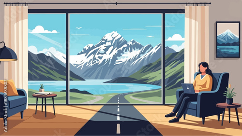 Woman working on laptop in cozy room with stunning mountain lake view