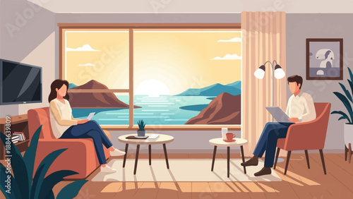 Two people work on laptops in a living room with a scenic ocean view