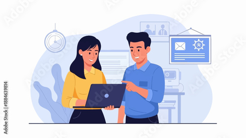 Two colleagues collaborate on a laptop in a modern office environment