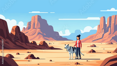 Woman and dog in a desert landscape with mesas