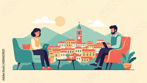 Two people in armchairs on a couch with laptops, remote work, village background