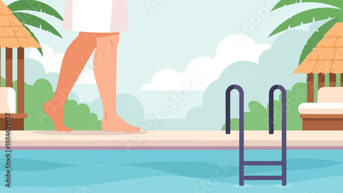 Person walking toward a refreshing pool surrounded by tropical plants