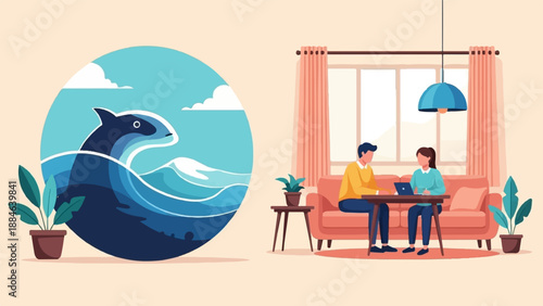 Stylized whale in ocean waves beside a couple working on laptop in living room
